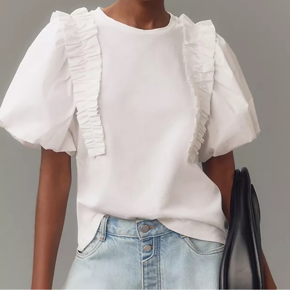 Anthropologie Tops - Anthropologie English Factory Puff-Sleeve Ruffled Top White Size Medium